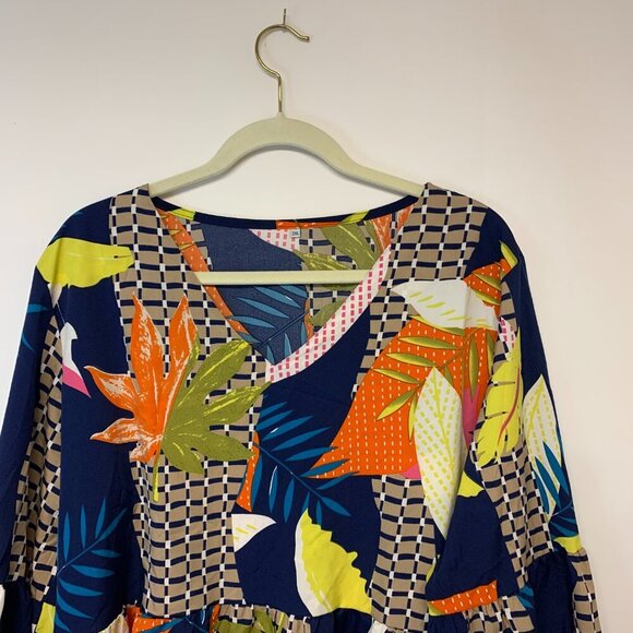 Mini bohemian dress SZ 2X bishop sleeves dropped waist abstract leaf print - Picture 3 of 14